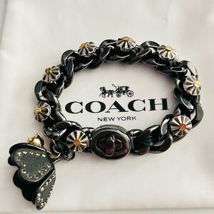 NWOT RARE Coach Genuine Leather Rivets And Tea Rose charm Bracelet
